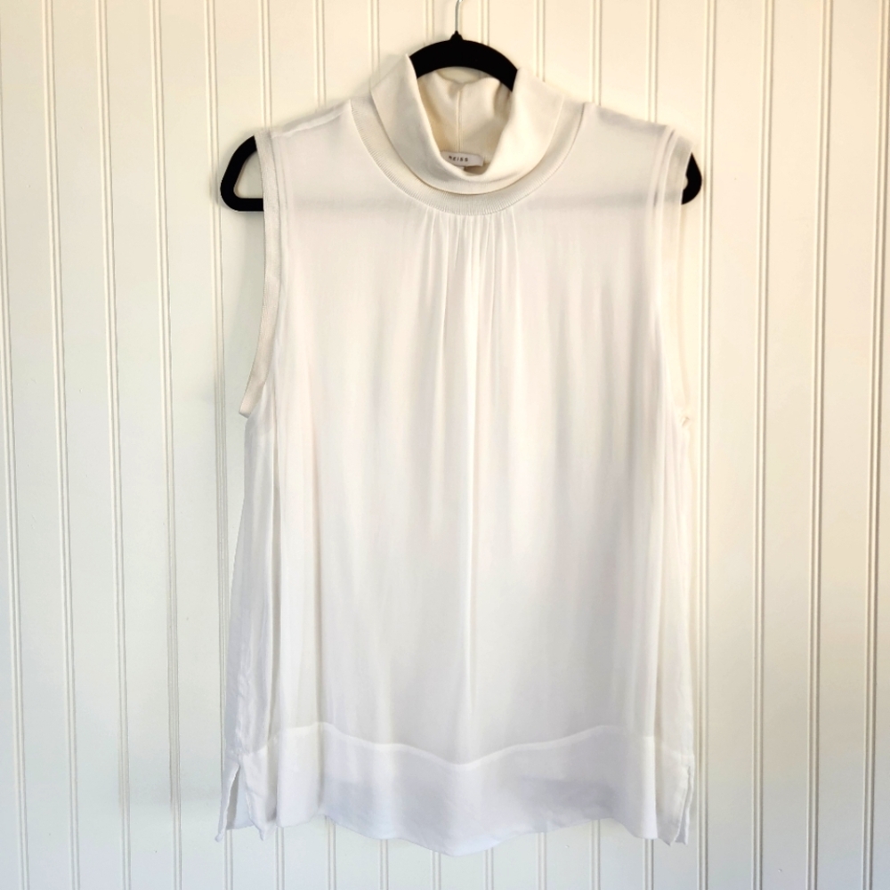REISS White Turtleneck Minimalist Semi Sheer Sleeveless Flowy Tank Top Large